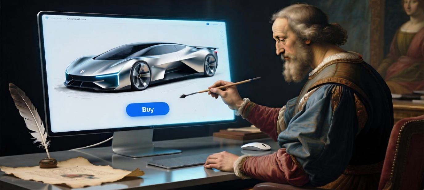 Banner AdVinci: Leonardo da Vinci com um computador gerando anúncios de IA